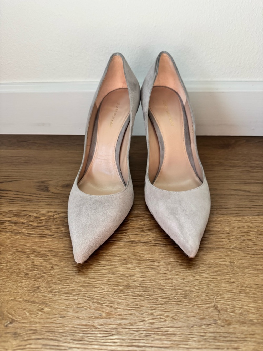 Stuart Weitzman Pointed Toe Suede Pumps in Light Gray